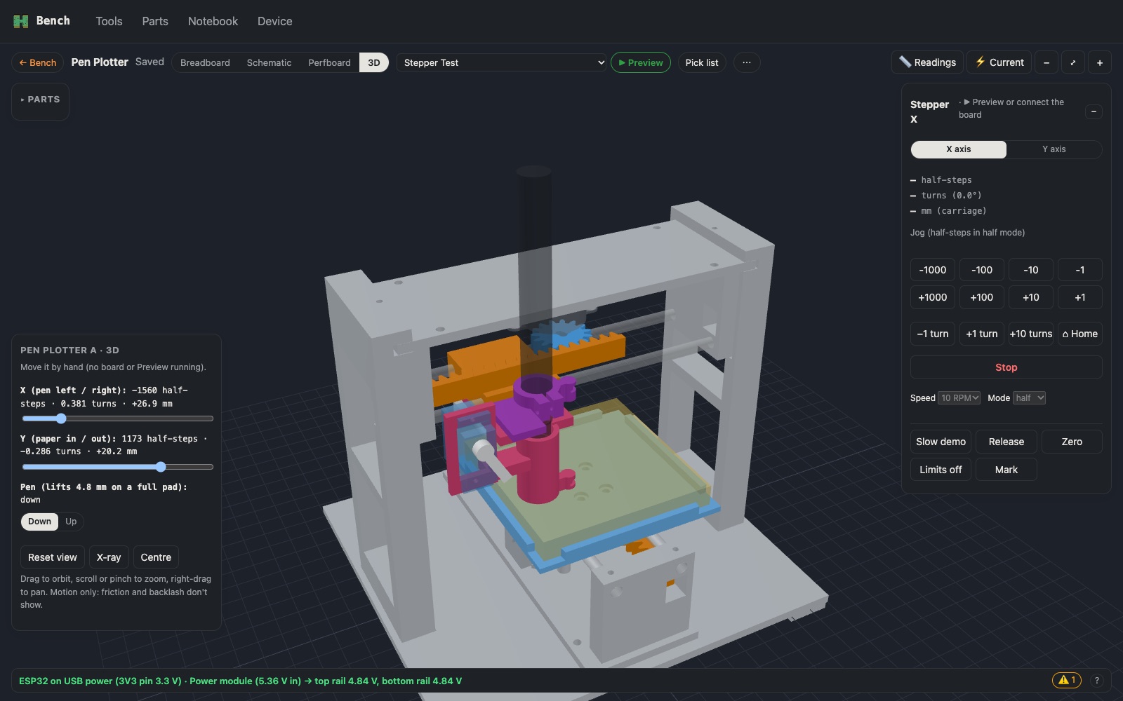 The pen plotter in the Bench 3D view