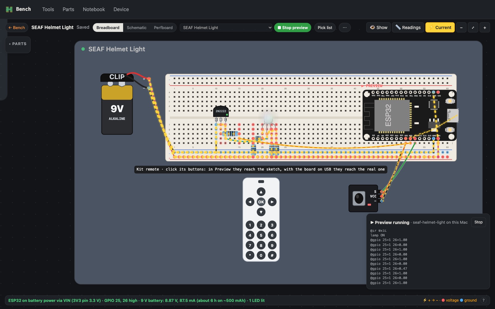 SEAF Helmet Light on the Bench breadboard view with current flowing