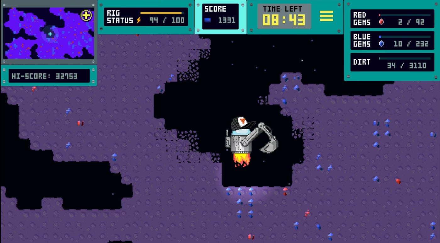 Spacecavator gameplay: an excavator rig digging through a purple asteroid, with the minimap, score, time left and gem counters across the top