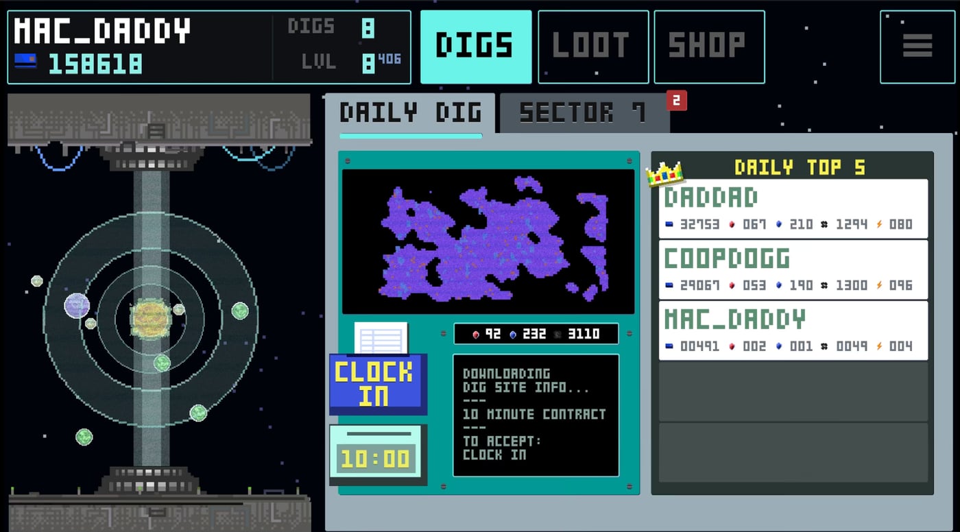 Spacecavator hangar: the Daily Dig contract screen with a Clock In button and the Daily Top 5 leaderboard